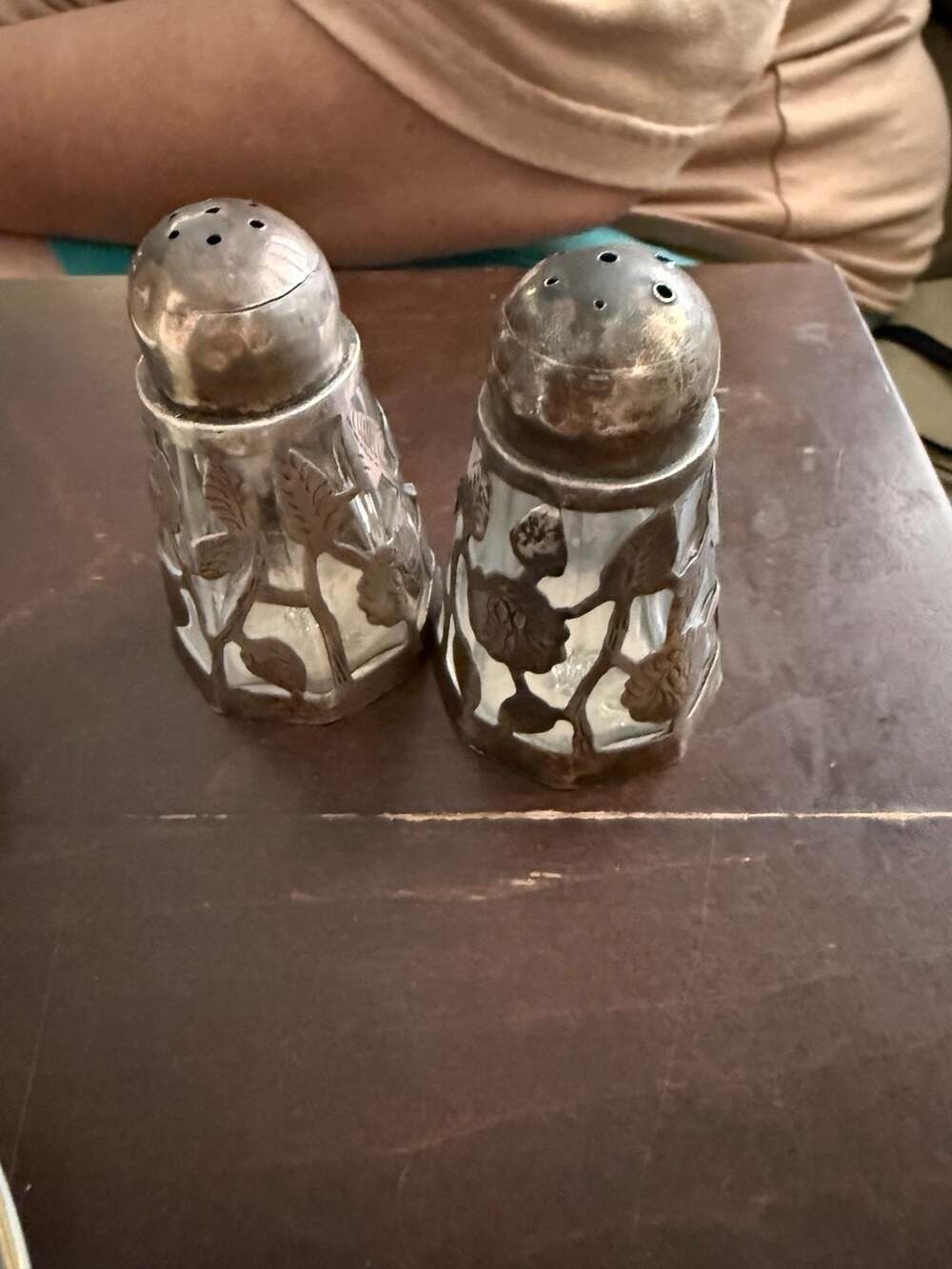 Vintage Mexican Sterling Silver Floral Overlay Glass Salt and Pepper Shakers